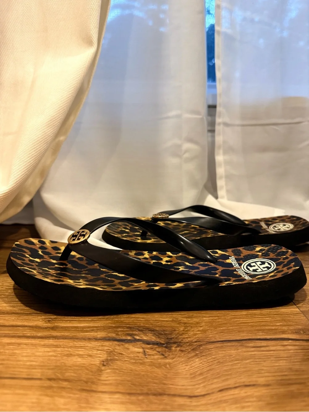 Tory Burch Leopard Print Flip Flop Sandals with Black Straps